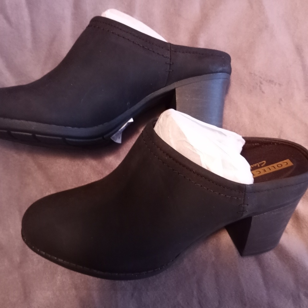 NIB CLARKS Enfield Sandy Mules Clogs BLACK 7.5